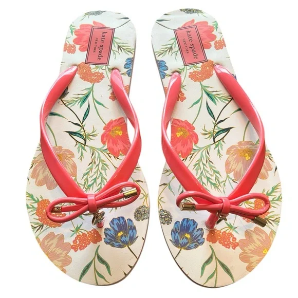 NWOT Kate Spade Pink Floral/Bow Women's Flip Flops Size 7-8 - Picture 3 of 6